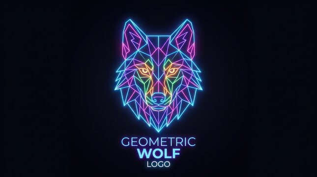 Neon geometric wolf head graphic front view isolated on dark black background for display.