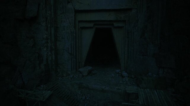 Archaeologist expedition uncovering stone portal, scattered tools and carved hieroglyphs, torch glow cutting through damp air, quiet study and careful