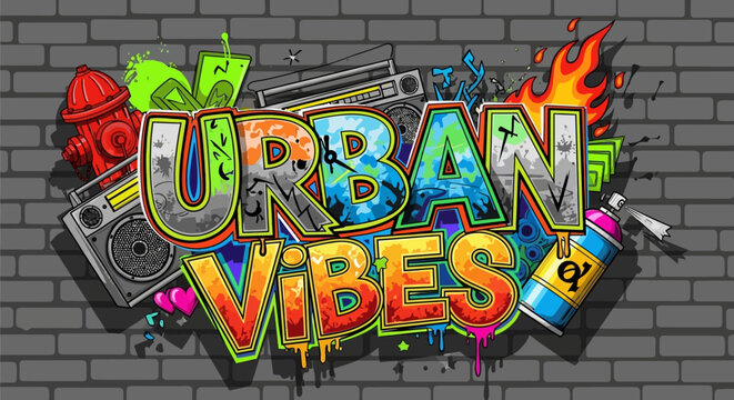 Urban Vibes colorful graffiti street art on brick wall.