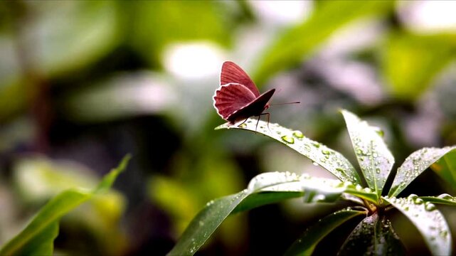 Red Butterfly Resting on Green Leaves in Natural Tropical Garden,