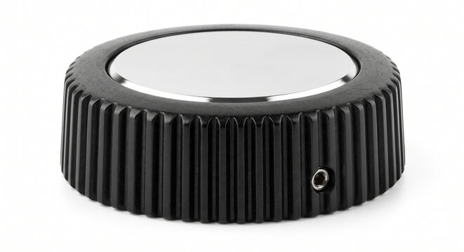 Macro of a vintage-style black bakelite synthesizer control knob with a ribbed grip and bright silver metallic cap, isolated on pure white.