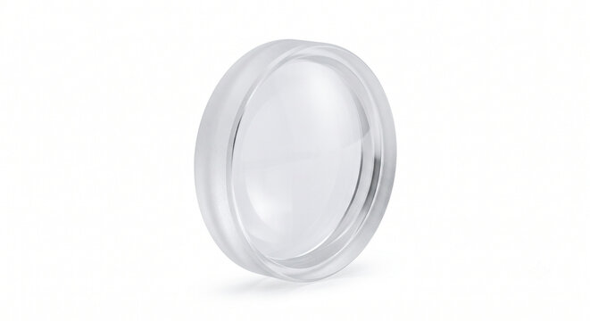 Professional macro of an aspheric collimating lens for lasers. Solid circular glass component with a frosted outer edge isolated on white.