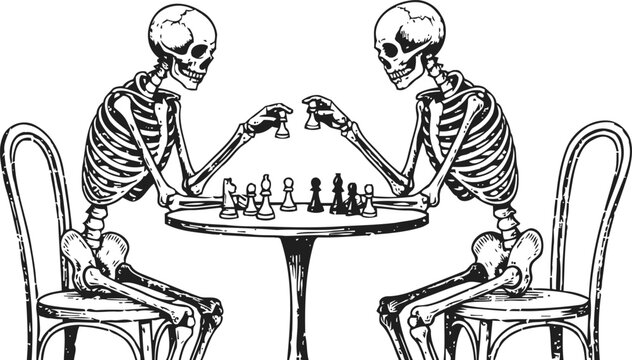 skeletons playing chess and drinking at a round table illustration