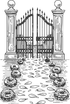 Vintage wrought iron gate with stone pillars and flower lined cobblestone path engraving