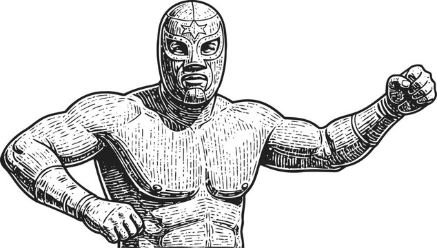 luchador wrestler in mask striking fighting pose vintage mexican wrestling illustration