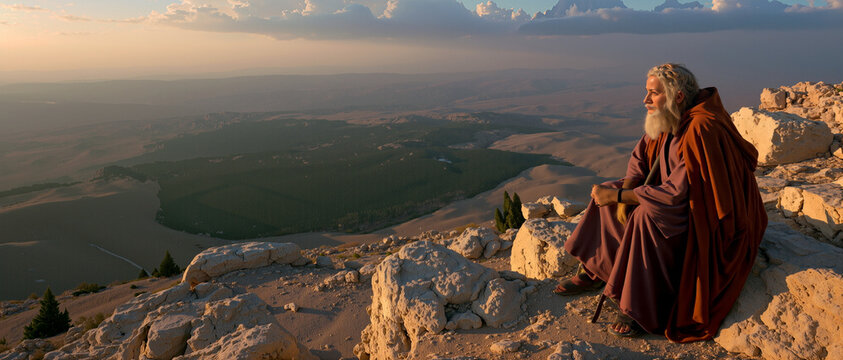 Moses looking out over the lush Promised Land from the rocky peak of Mount Nebo, golden hour, bittersweet emotion.