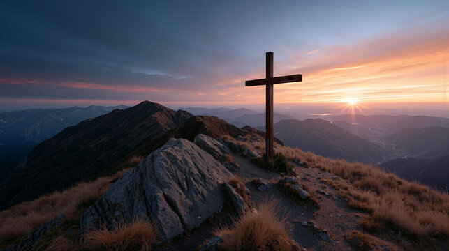 Mountain summit cross at sunrise with expansive sky and distant valleys.