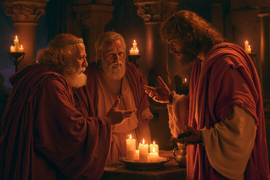 Nathan confronting King David in a candlelit chamber, prophetic rebuke, photorealistic.