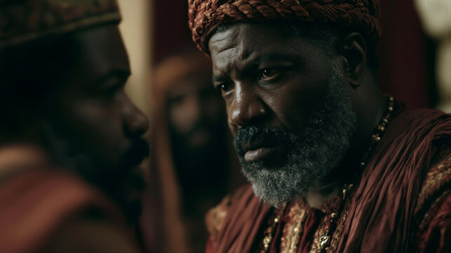 Nathan the prophet confronting King David in his royal chambers, intense emotional standoff, rich palace shadows.