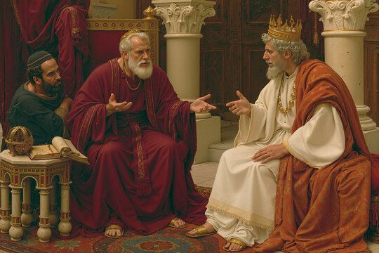 Nathan telling parable to King David in court setting, conversational framing, photorealistic.