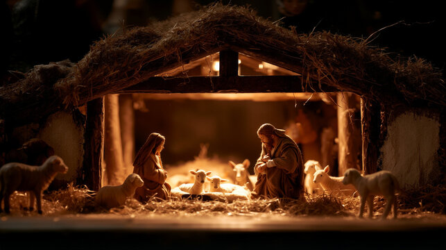 Nativity scene inside a rustic stable with warm light and peaceful atmosphere.