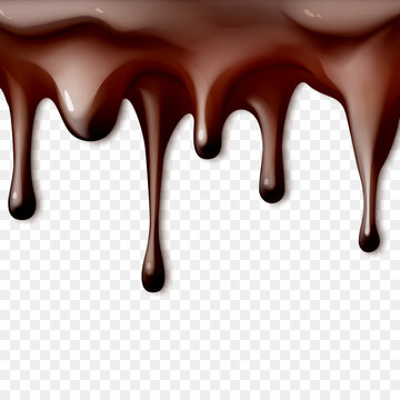 Realistic dripping chocolate on transparent background with glossy texture