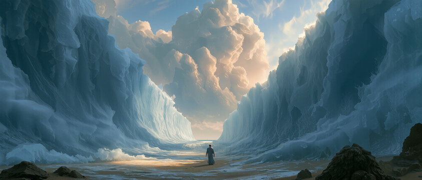 Parting of the Red Sea with towering walls of water forming a corridor, dramatic divine intervention, epic scale.