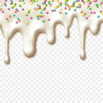 Melting white chocolate with colorful sprinkles on transparent background