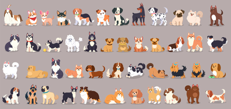 Colorful cartoon dog breeds compilation featuring diverse cute pets