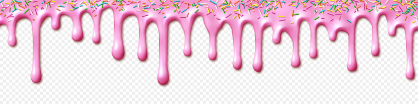 Pink icing drips with colorful sprinkles on transparent background