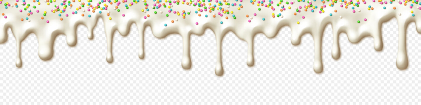 Colorful sprinkles on melting white chocolate drips background