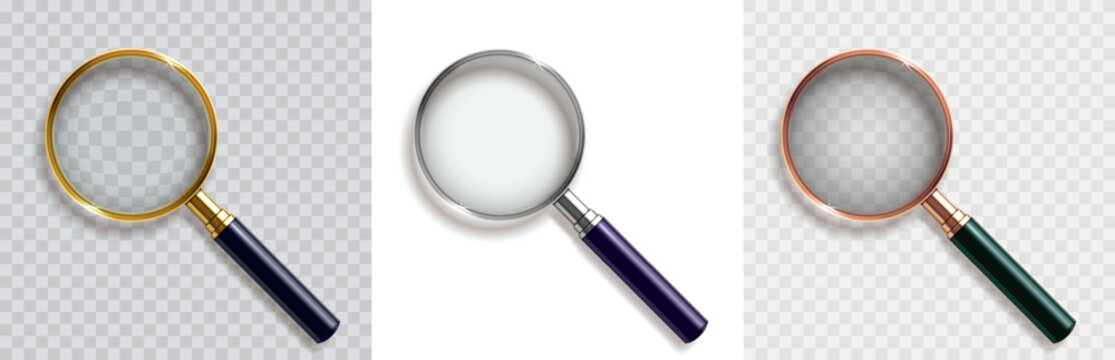 Three magnifying glasses with colorful handles on transparent background