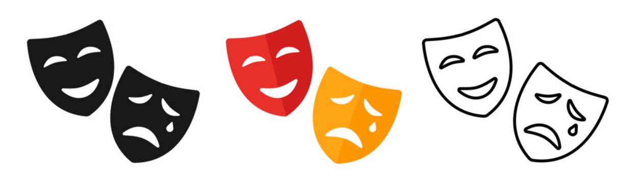 Tragedy and comedy theater masks in various styles and colors