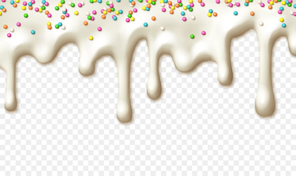 Colorful sprinkles on melting icing dripping on transparent background
