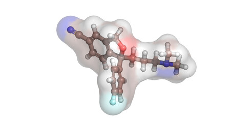 Escitalopram, serotonin reuptake inhibitor for major depressive disorder, 3D molecule 4K © MedBioChem