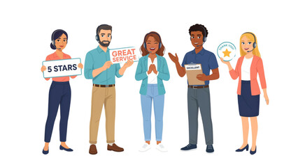 Obraz premium Four diverse people standing together smiling and using smartphones outdoors Vector