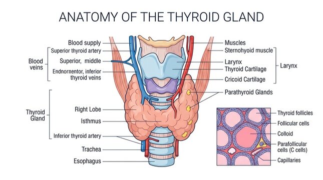 Anatomical representation of human thyroid gland with parathyroid glands and blood supply.