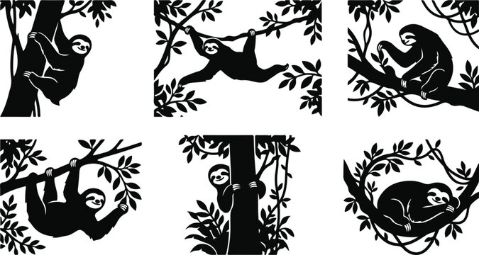 Sloth Silhouette Collection in Tropical Forest Scenes with Tree Branch Vector Illustrations