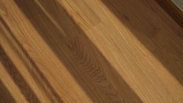 Sunlight casts diagonal shadows across warm wood flooring. Beam of light in sunset or sunrise create lines on parquet in house or apartment. Early morning cozy feeling. Curtain waving in the wind