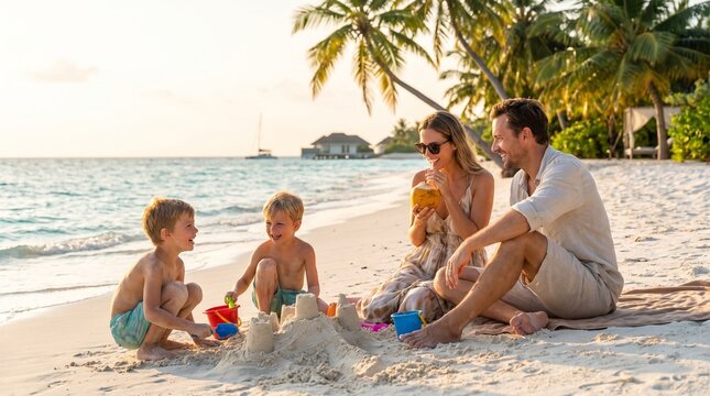 Happy family enjoying a tropical beach vacation, building sandcastles and relaxing under palm trees at sunset