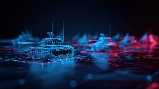 Digital war tanks displayed in a futuristic, high-tech battlefield, rendered in neon blue and red wireframe graphics. ..Created with Generative AI, not depicting real subjects.
