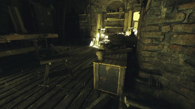 Dim candlelit workshop interior with crate and bench, warm golden light, dust motes, wooden beams, scattered tools, cinematic lowlight atmosphere