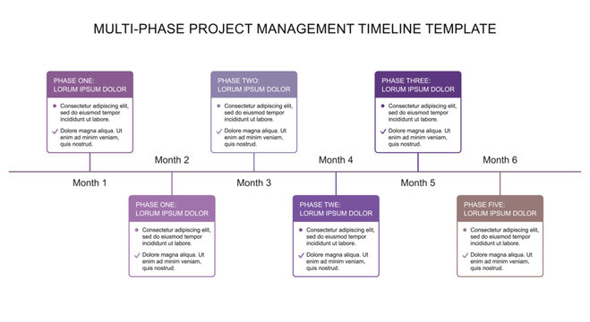 Multi phase project management timeline presentation template with purple milestone text boxes showing progress over a six month period