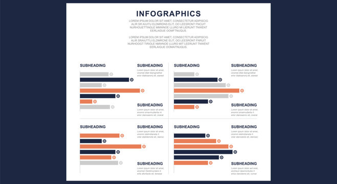 Quad quadrant dashboard business infographic chart template with four grid blocks displaying colorful multi layer bar graph statistics