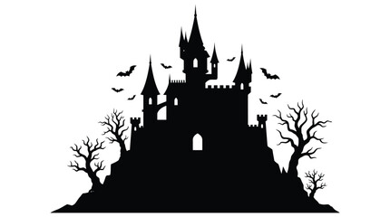 Castle With Bare Trees And Flying Bats Silhouette © Ambiya