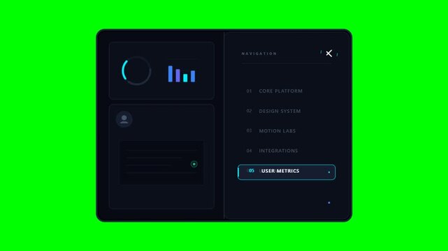 Tablet displaying dark mode analytics dashboard interface on green screen background.