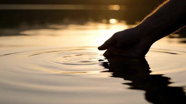 Hand reaches out to water as sunlight reflects at sunset time