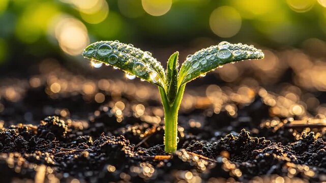 New plant sprouts in soil with water drops in morning light