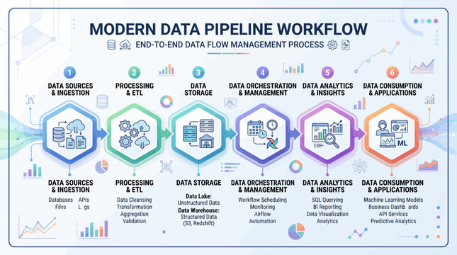 Modern data pipeline workflow infographic with cloud computing and analytics.