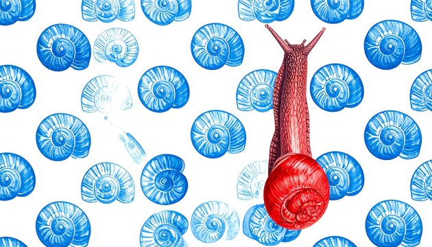 A red snail with a shell trails slime on a white background with blue seashells