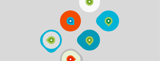 Fototapeta premium Colorful circles with map markers scattered across gray background. Simple design, modern aesthetic, location based concept.