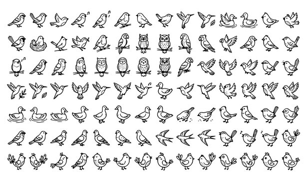 Mega Bird Line Art Icon Bundle Featuring Owls Sparrows Pigeons Ducks and Flying Avian Wildlife Characters for Creative Graphic Patterns and Crafts Vector Illustration