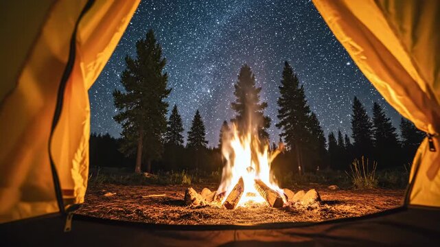Enjoying a campfire under the stars in a forest at night