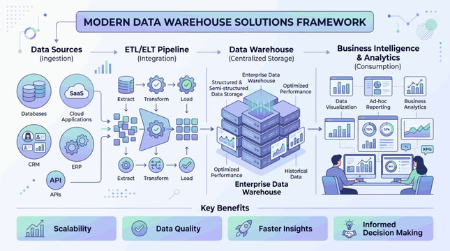 Modern data warehouse solutions framework diagram with cloud computing.