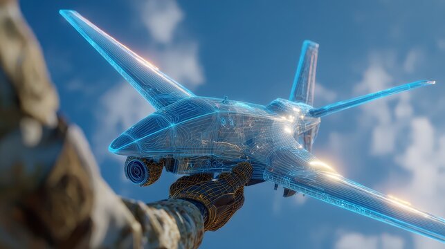 Futuristic drone technology displayed as a holographic projection, demonstrating advanced aerial surveillance and reconnaissance capabilities.Created with Generative AI, not depicting real subjects.