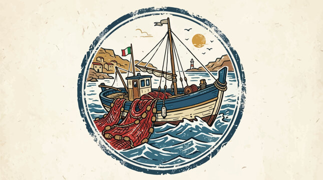 A retro-style stamp illustration of a Sicilian fishing boat on water with a coastal background