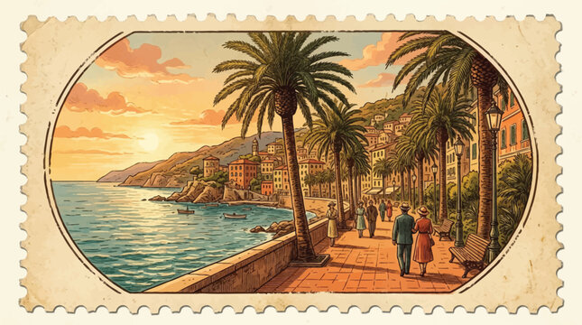 A retro-style illustration of a scenic promenade with palm trees, people strolling along a coastal walkway at sunset.