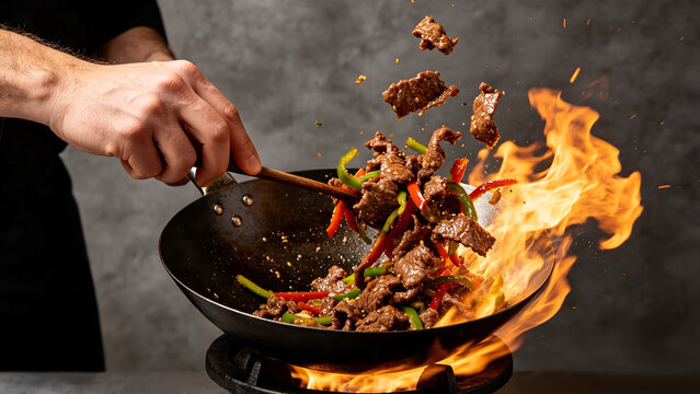 Professional chef stir frying delicious beef and fresh vegetables in a hot wok over roaring fire flames for commercial restaurant menu advertisements.