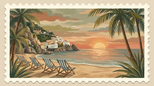 A serene beach scene with retro chairs on the shore, palm trees, and a coastal town at sunset.