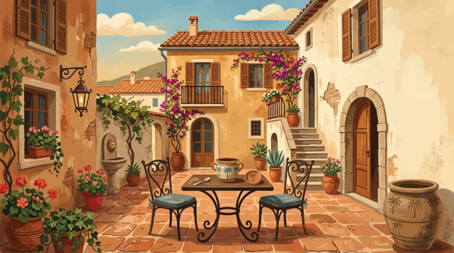 A cozy outdoor dining setup with wrought iron furniture in a sunlit Mediterranean courtyard featuring terracotta tiles and potted plants.